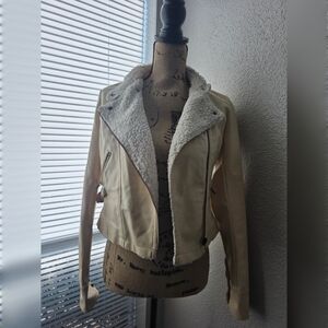 Wishful Park Women's S Beige Moto Jacket Sherpa Collar Crop Biker Cozy